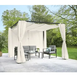 Tonnelle carrée Rome toit rétractable et rideaux écru UPF50+ 285x285xH220cm 8,1m² < Gifi Clearance