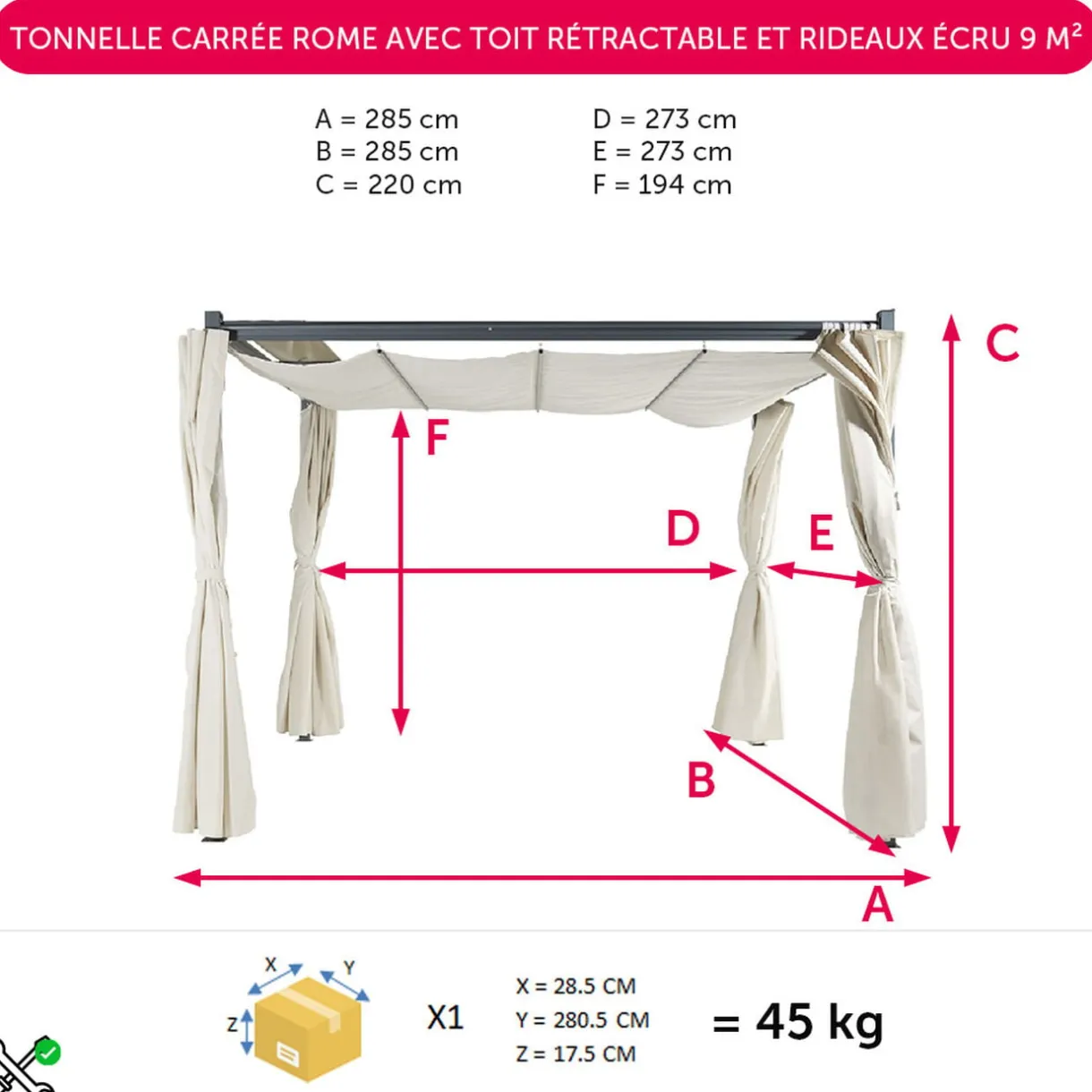 Tonnelle carrée Rome toit rétractable et rideaux écru UPF50+ 285x285xH220cm 8,1m² < Gifi Clearance