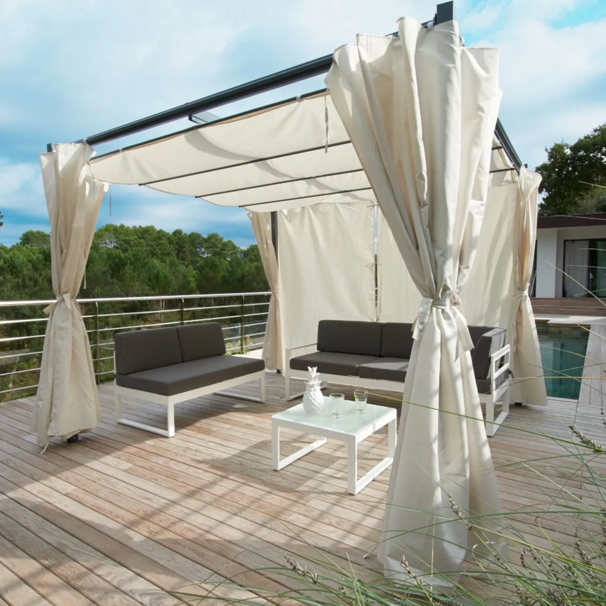 Tonnelle carrée Rome toit rétractable et rideaux écru UPF50+ 285x285xH220cm 8,1m² < Gifi Clearance