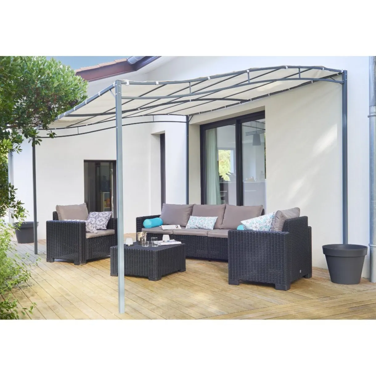 Tonnelle murale rectangulaire Lady gris et blanc écru UPF50+ 395x290xH240cm 11,45m² < Gifi Sale