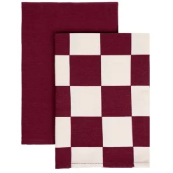 Torchon x2 coton uni et damier rouge prune 45x65cm