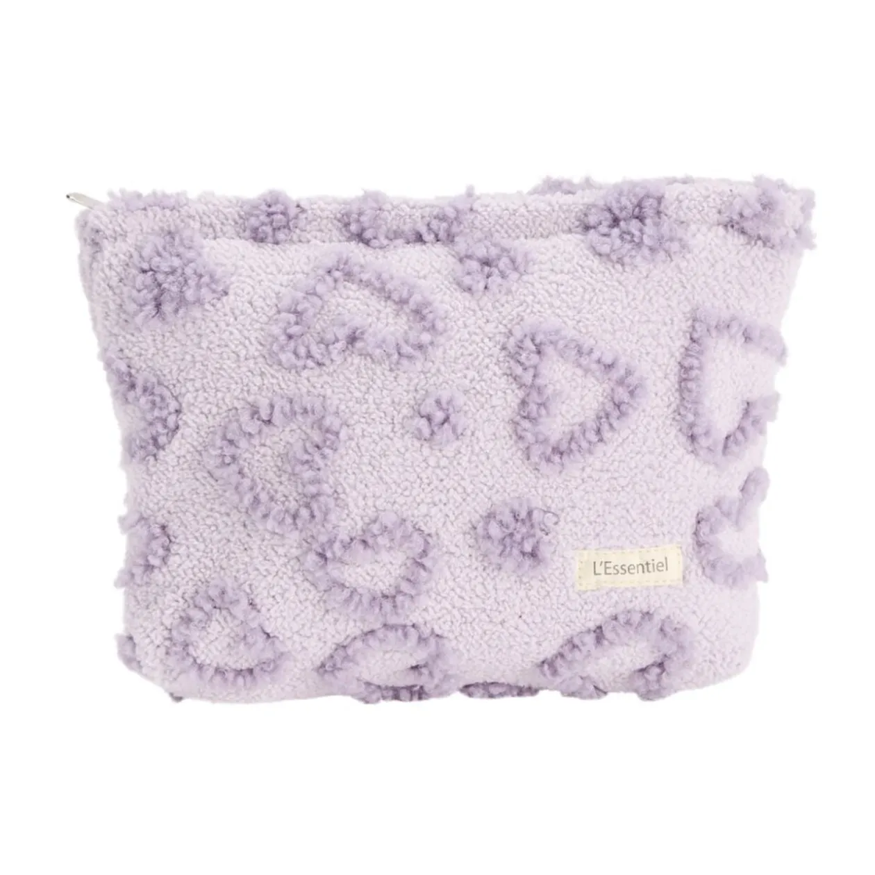 Trousse cosmétique sherpa polycoton relief motif coeur violet 26x19cm