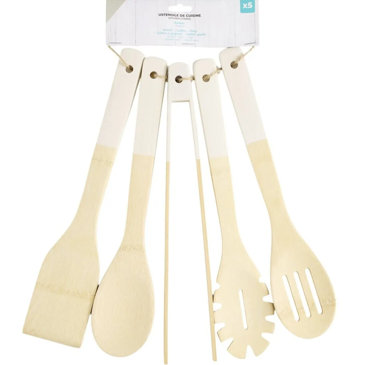 Ustensile de cuisine x5 bambou naturel et blanc L32cm