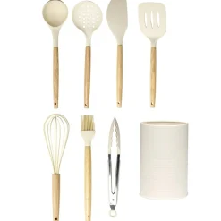 Ustensile de cuisine x7 silicone et bois avec pot beige Ø12xH35cm < Gifi Best