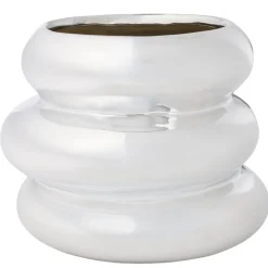 Vase bas céramique forme arrondie superposée gris chromé Ø11,5xH12,5cm
