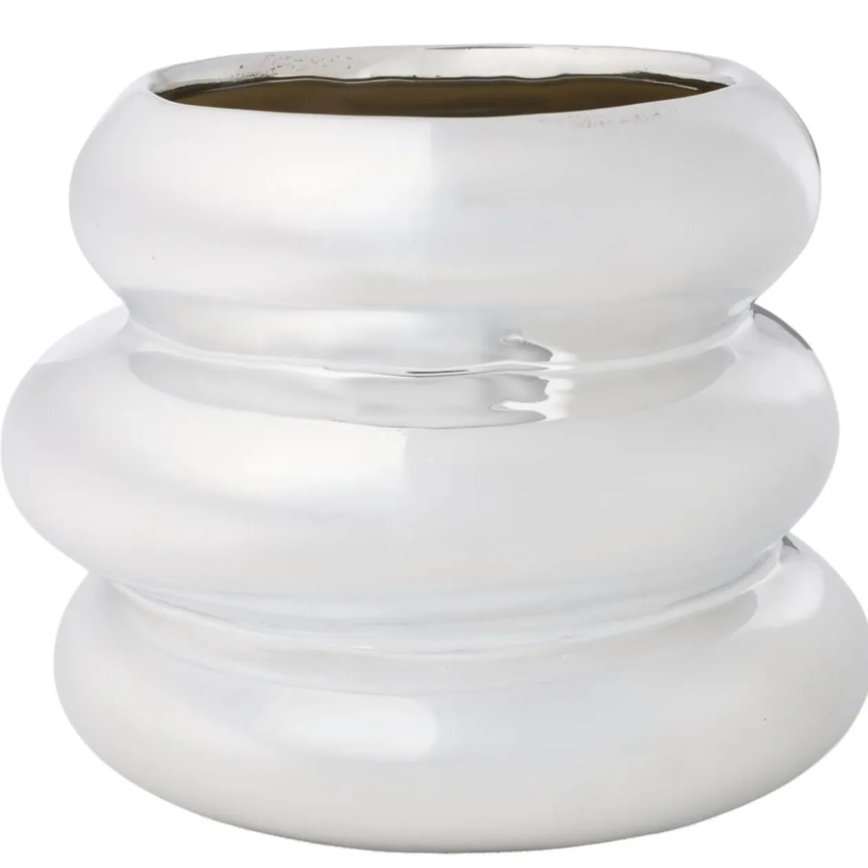 Vase bas céramique forme arrondie superposée gris chromé Ø11,5xH12,5cm