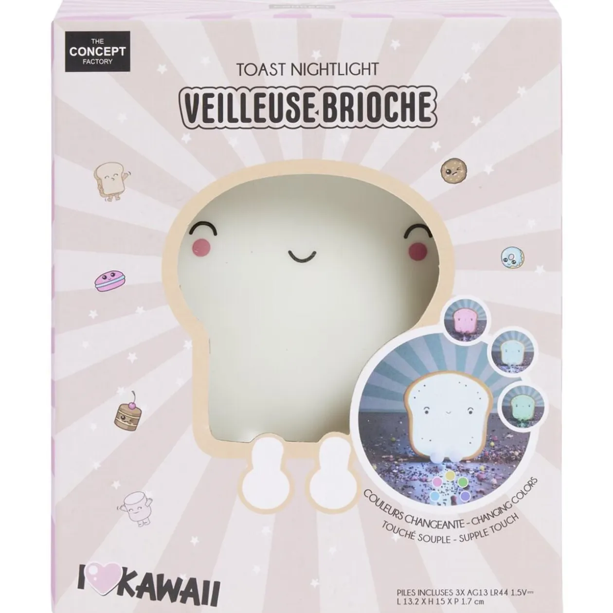 Veilleuse kawaii toast brioche LED couleurs changeantes 13x2xH15cm