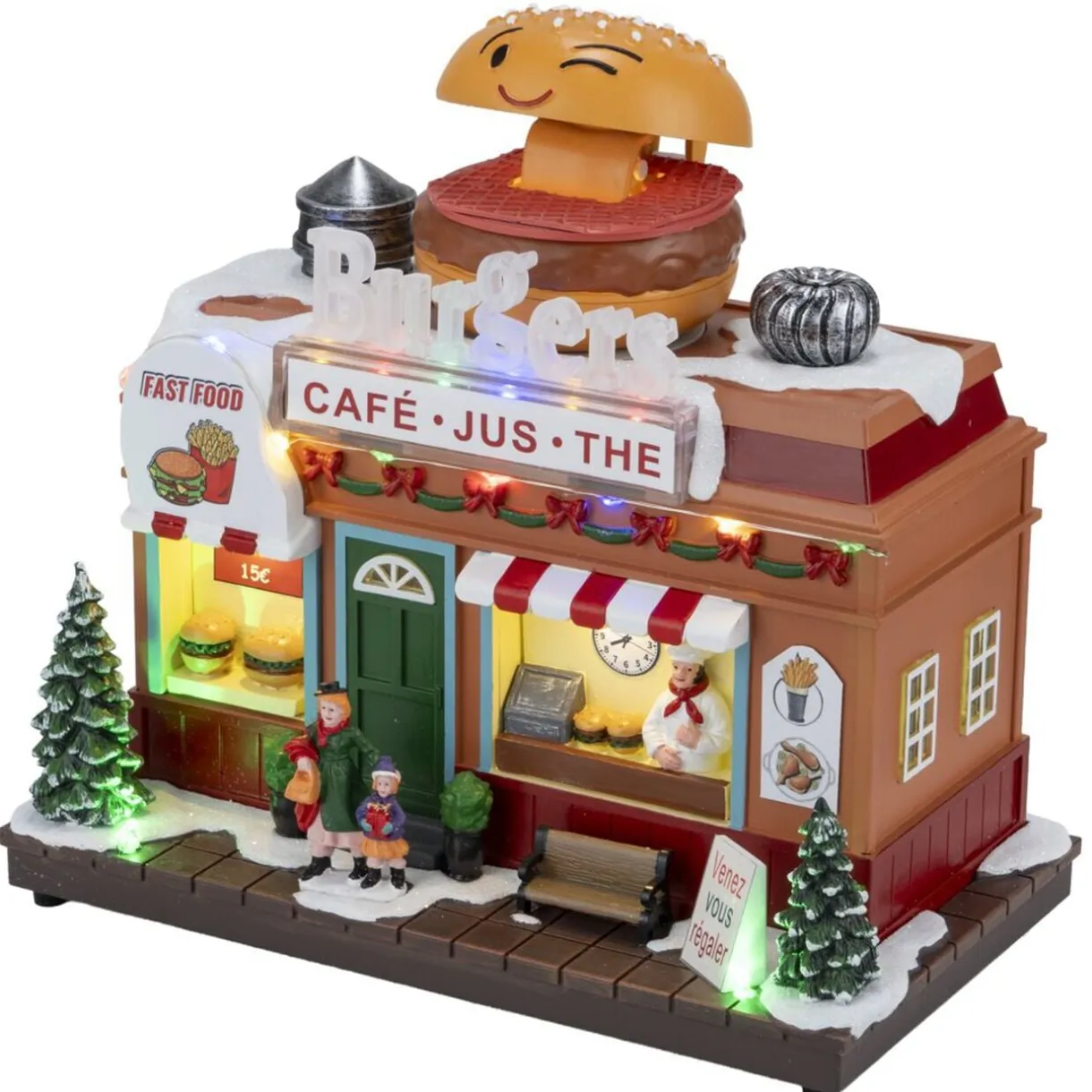 Village de Noël animé LED et son scène restaurant 23x13,5xH20 cm < Gifi Hot