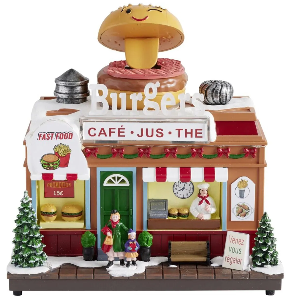 Village de Noël animé LED et son scène restaurant 23x13,5xH20 cm < Gifi Hot