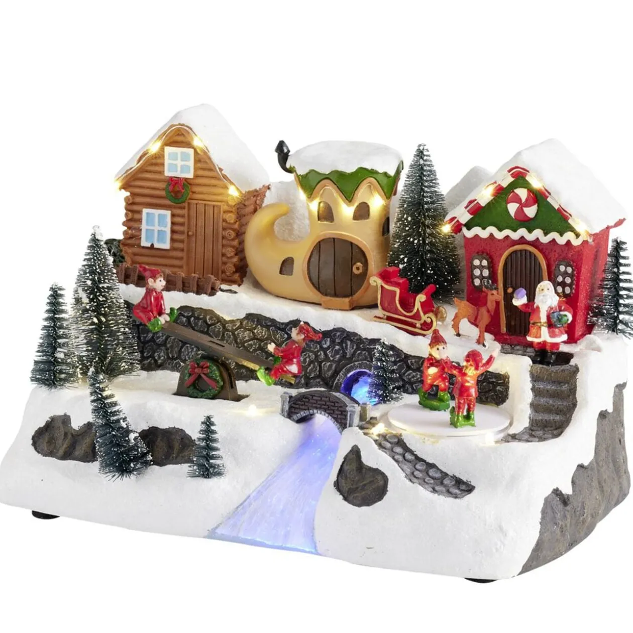 Village de Noël animé LED scène lutins 28,5x19xH18cm