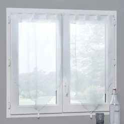 Vitrage à pattes voile uni blanc finition pointe pompon 60x90 cm x2 < Gifi Discount