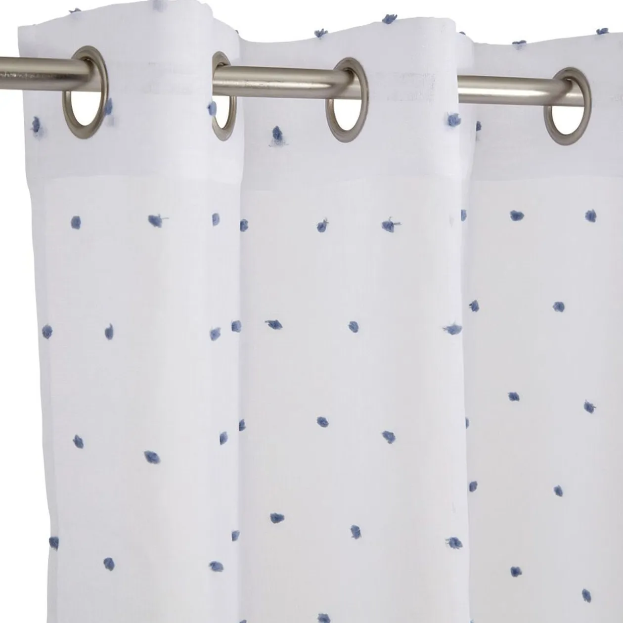 Voilage blanc avec pompons bleus 100% polyester 140x240cm